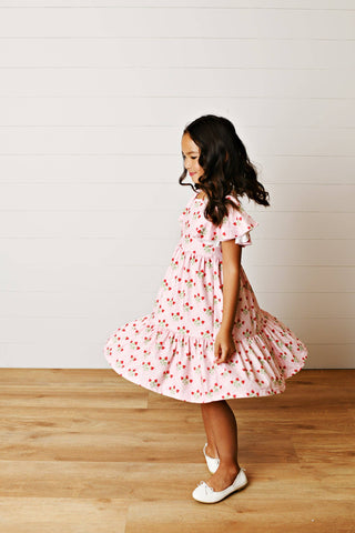 Emmy Pink Strawberry Flutter Sleeve Twirl Spring Dress