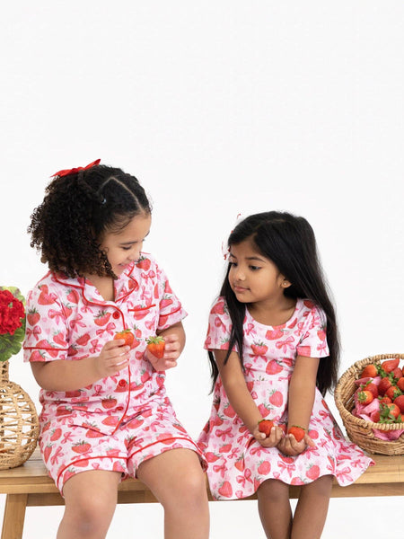 Summer Strawberry Bow Short Sleeve Dress
