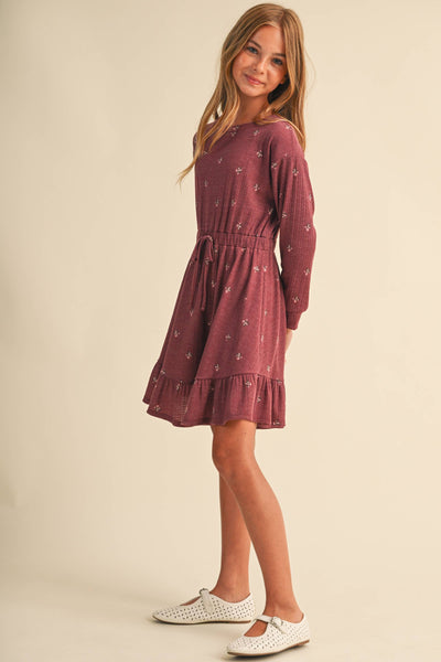 GIRLS BURGUNDY KNIT LONG SLEEVE DRESS (7-14)
