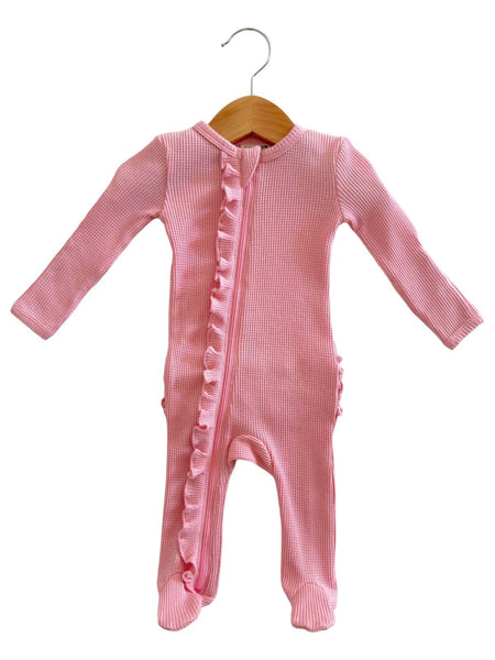 Organic Waffle Ruffle Zip Footie, Pink