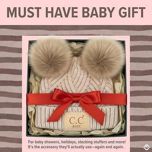 C.C Baby Double Pom Beanie (Diagonal Basketweave/Beige)