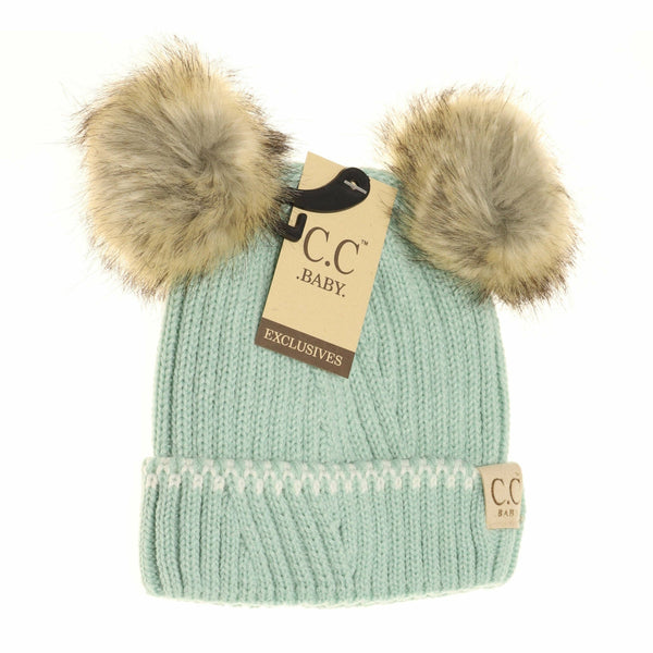 Baby Solid Knit Double Fur Pom Beanie - Newborn