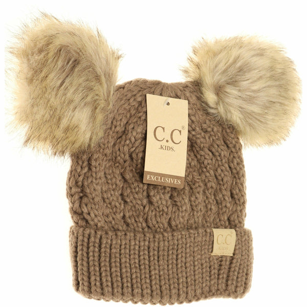 Kids' Cable Knit Double Fur Pom Beanie