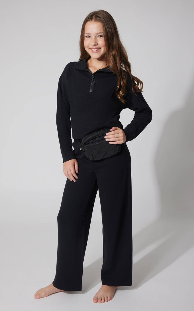 Tween Girls Soft Rib Half Zip, Wide Pants, and Waist bag Set