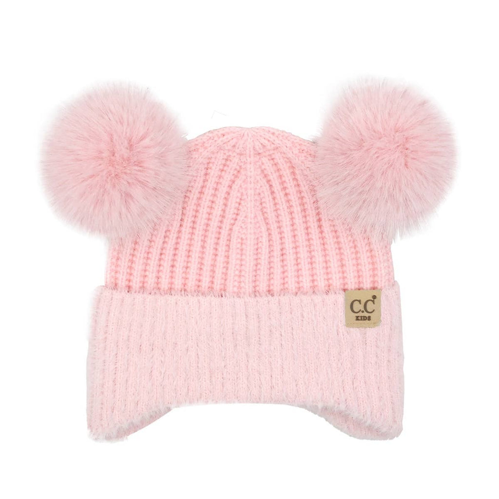 C.C Kids Double Pom Chenille Earflap Beanie - Light Pink