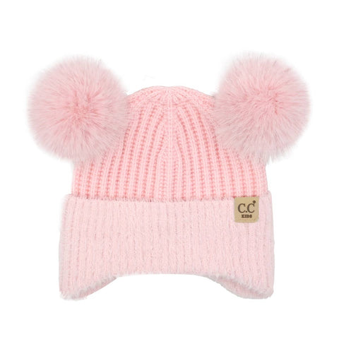 C.C Kids Double Pom Chenille Earflap Beanie - Light Pink