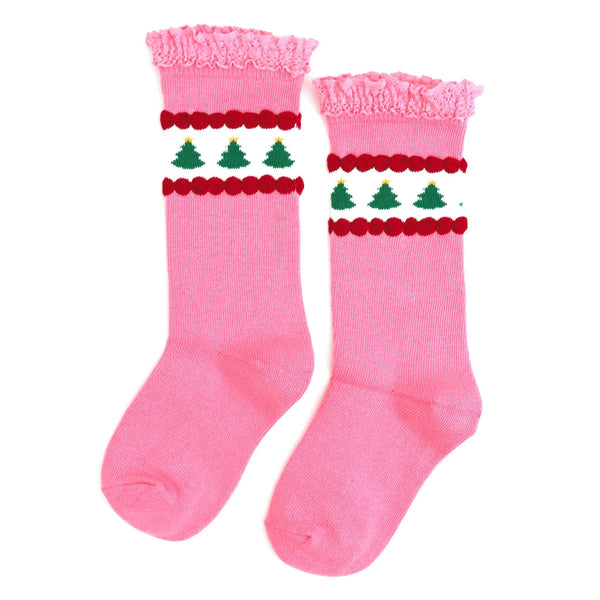 Pink Tree Lace Top Knee High Socks