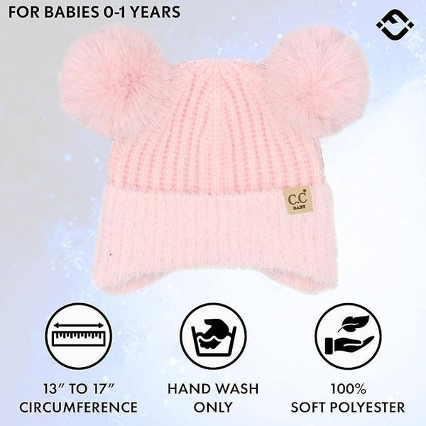 C.C Infant Double Pom Chenille Earflap Beanie - Light Pink