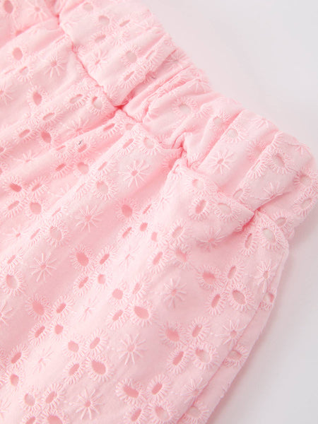 Eyelet Girls Shorts Elastic Waist Scallop Hem- Pink