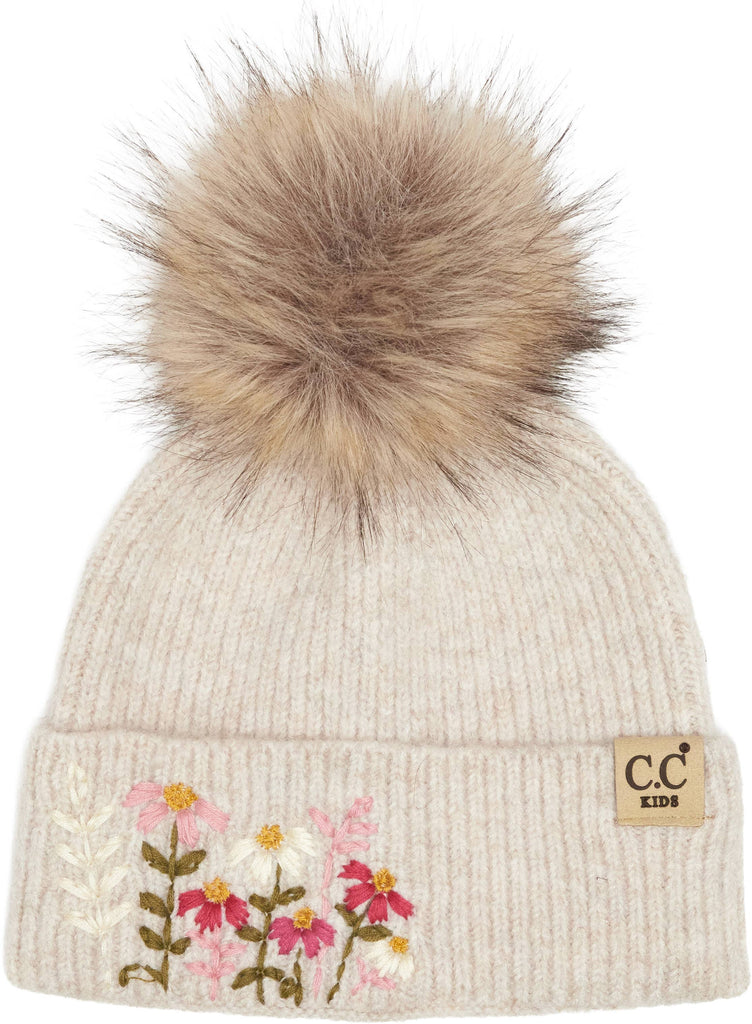 C.C Kids Faux Fur Pom Beanie - Embroidered Flowers - Beige