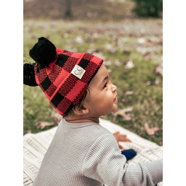 BABY Buffalo Plaid Pom Pom Beanie - Newborn/Knit Hat