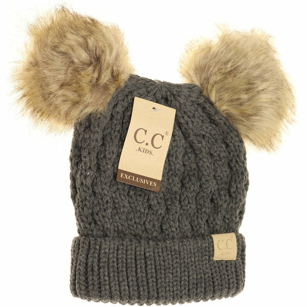 Kids' Cable Knit Double Fur Pom Beanie