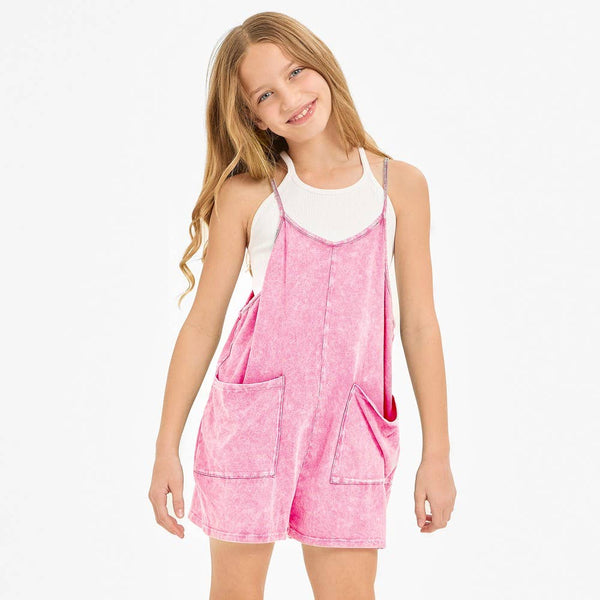 Two Pocket Mineral Wash Overall Romper / Onesie