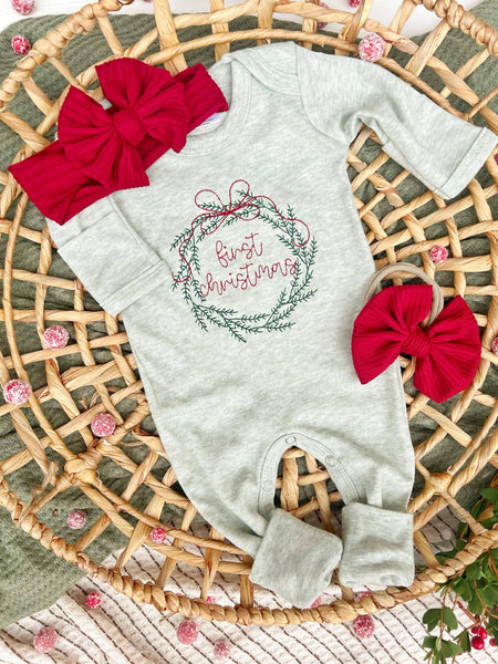Baby Romper | Sage Green First Christmas Wreath Outfit