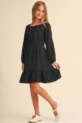 GIRLS BLACK JULIETTE WAIST DRESS (7-14)
