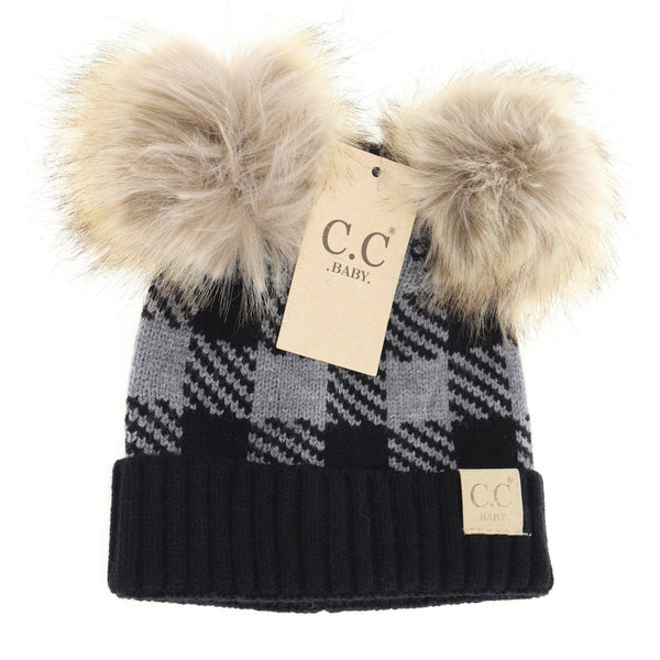 C.C BABY Buffalo Check Double Pom Newborn Hat