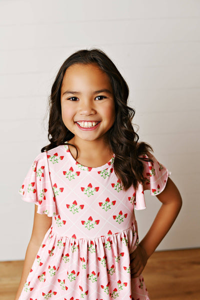 Emmy Pink Strawberry Flutter Sleeve Twirl Spring Dress