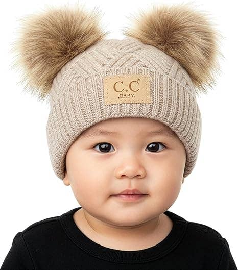 C.C Baby Double Pom Beanie (Diagonal Basketweave/Beige)