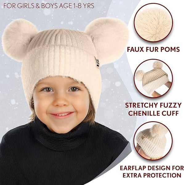 Kids Double Pom Chenille Earflap Beanie - Beige