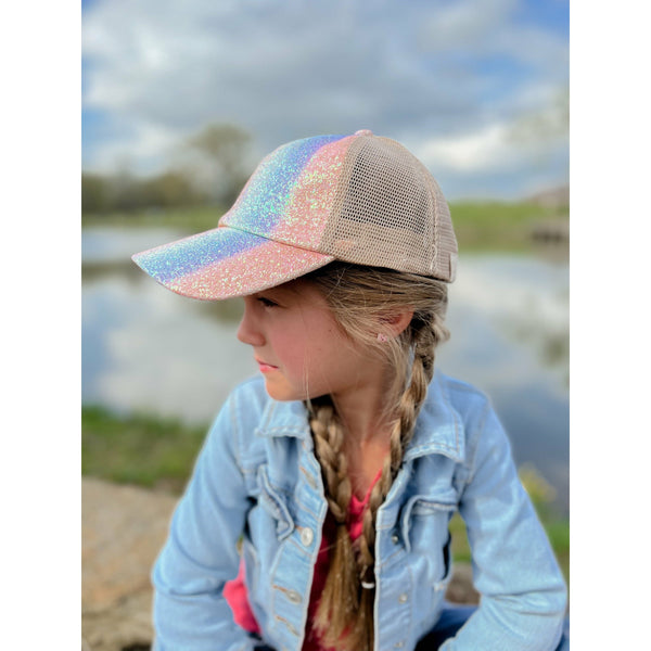KIDS Glitter Ombre Criss-Cross High Ponytail CC Ball Cap