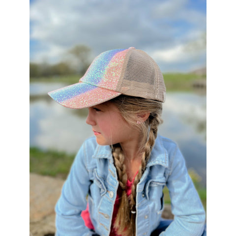 KIDS Glitter Ombre Criss-Cross High Ponytail CC Ball Cap