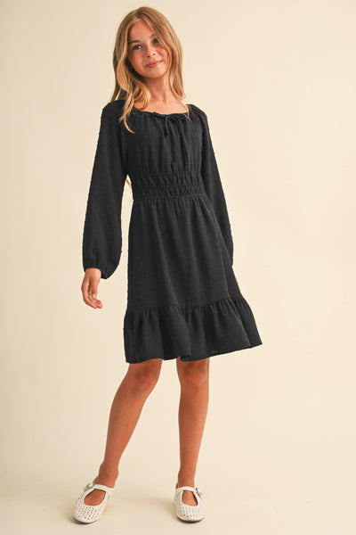 GIRLS BLACK JULIETTE WAIST DRESS (7-14)