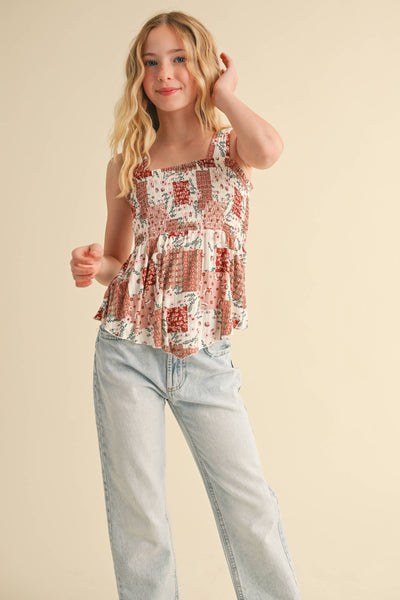 TWEEN GIRLS KIDS WIDE STRAP PEPLUM TANK WITH SMOCKED (XS-XL)
