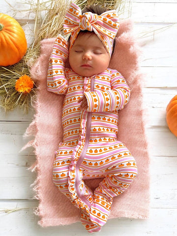Pumpkin Stripe Pink / Organic Frill Zip Footie