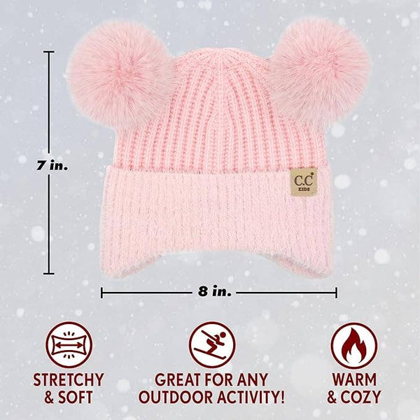 C.C Kids Double Pom Chenille Earflap Beanie - Light Pink