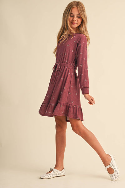GIRLS BURGUNDY KNIT LONG SLEEVE DRESS (7-14)