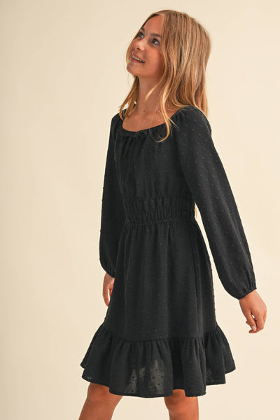 GIRLS BLACK JULIETTE WAIST DRESS (7-14)