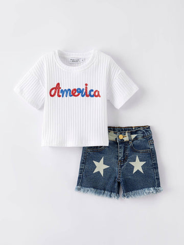 “America” Top + Denim Shorts Set