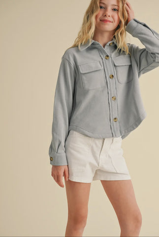 Double Pocket Light Blue Cropped Shacket