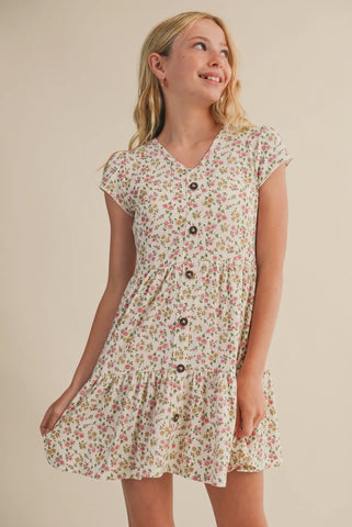 Tween Girls Faux Button Down Floral Tiered Dress