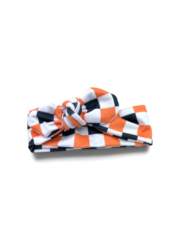 Knot bow headband - Orange+Black Checker