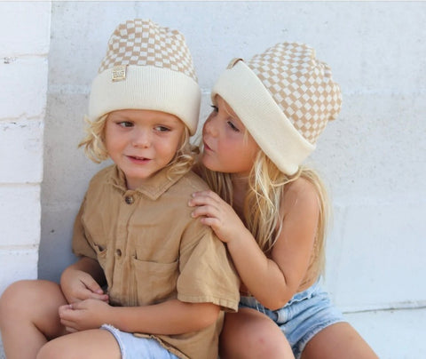 Cool Beanz Check Me Out Beige Reversible Beanie - Ages 3-8