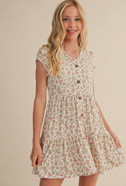 Tween Girls Faux Button Down Floral Tiered Dress