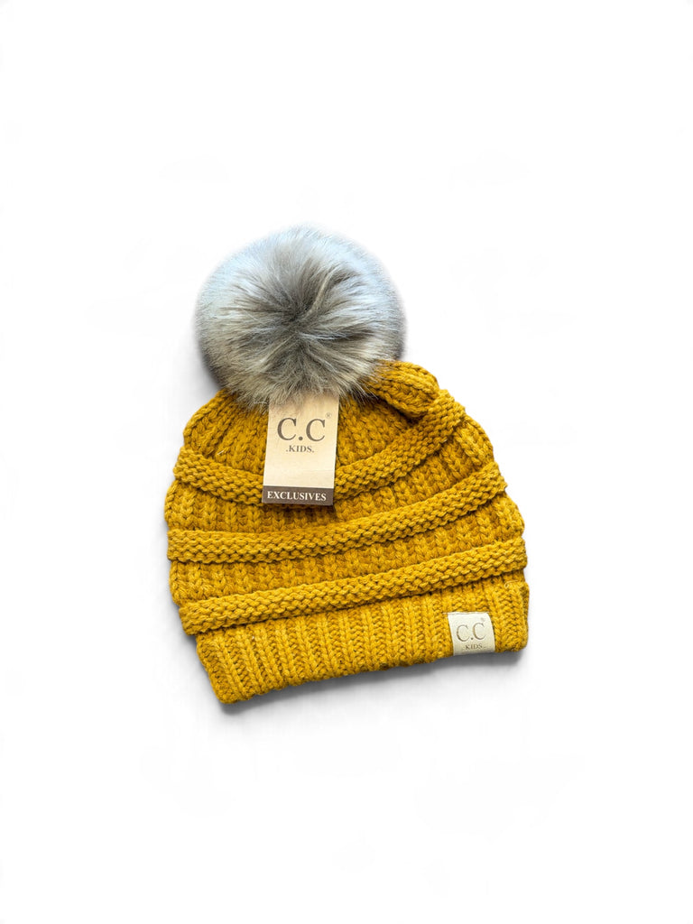 KIDS Mustard Fur Pom C.C. Beanie