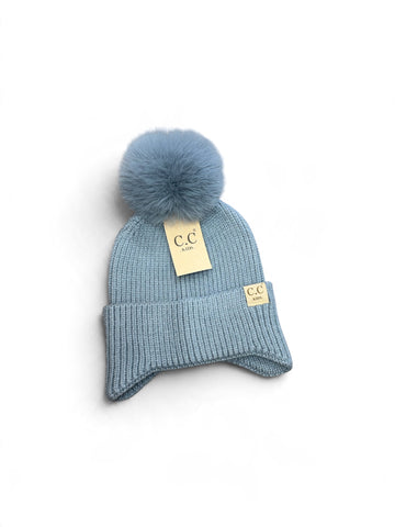 C.C. KIDS Earflap Pom Beanie - Ice Blue