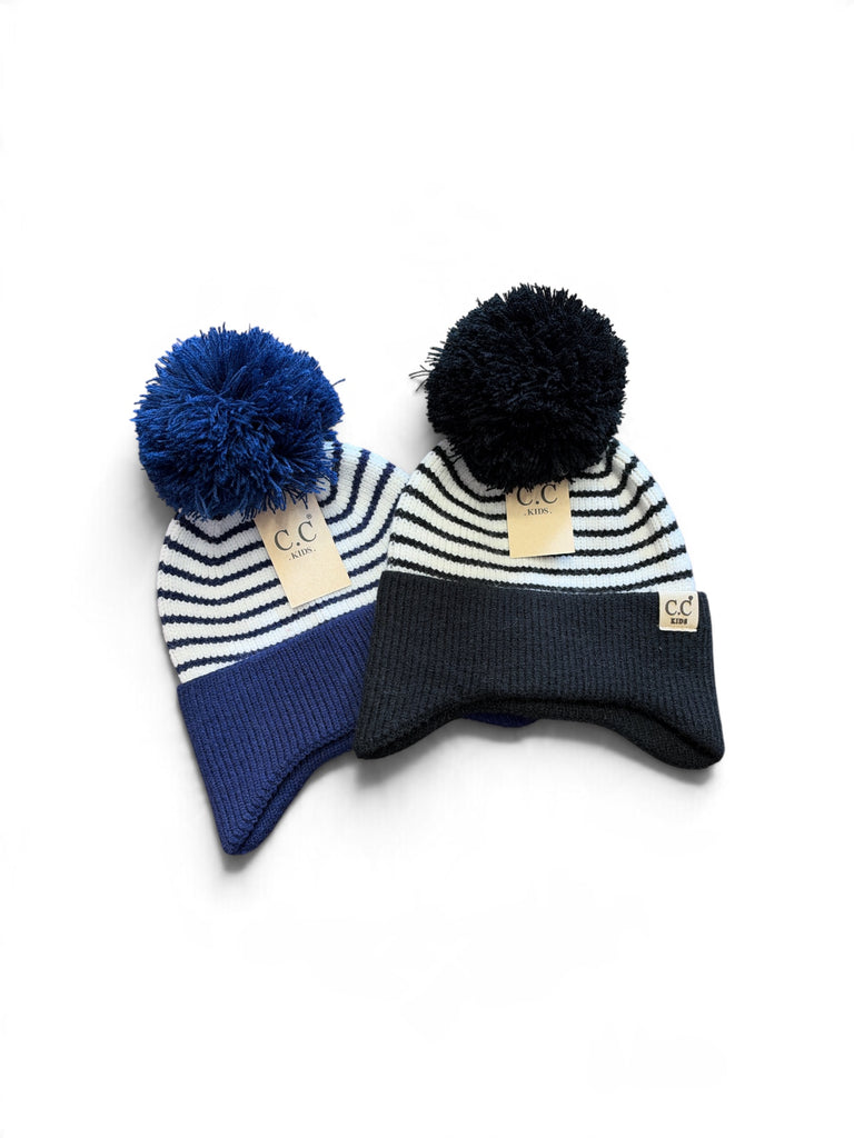 C.C. KIDS Stripe Earflap Yarn Pom Beanie