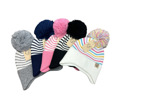 C.C. KIDS Stripe Earflap Yarn Pom Beanie