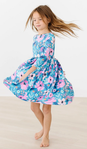 Twirling in Teal 3/4 Sleeve Twirl Dress