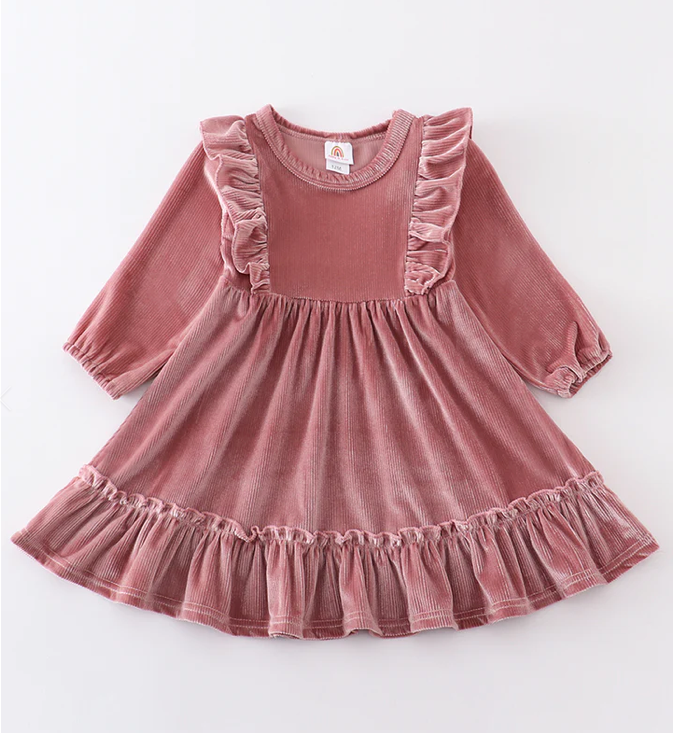 Dusty Pink Velvet Ruffle Dress