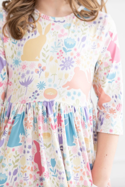 Pastel Floral Bunnies 3/4 Sleeve Pocket Twirl Dress