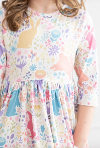 Pastel Floral Bunnies 3/4 Sleeve Pocket Twirl Dress