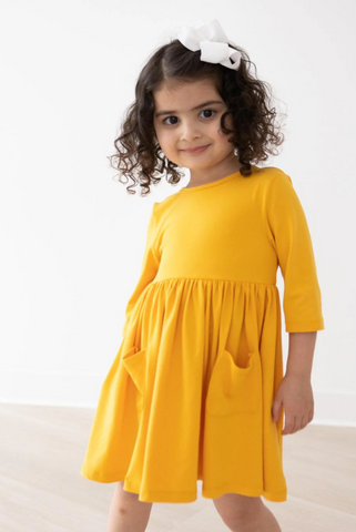 Mustard 3/4 Sleeve Pocket Twirl Dress