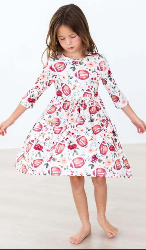 Footballs & Flowers 3/4 Sleeve Pocket Twirl Dress