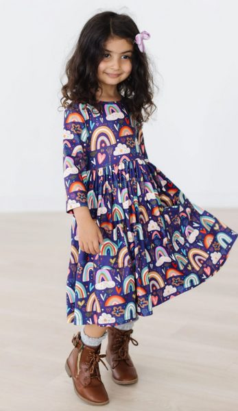 Midnight Rainbow 3/4 Sleeve Pocket Twirl Dress