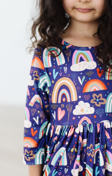 Midnight Rainbow 3/4 Sleeve Pocket Twirl Dress