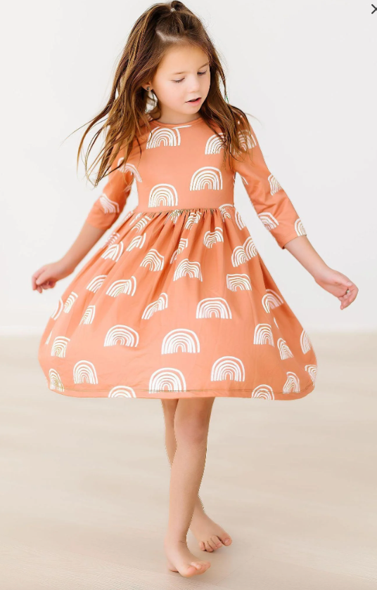 Terracotta Rainbows 3/4 Sleeve Twirl Dress